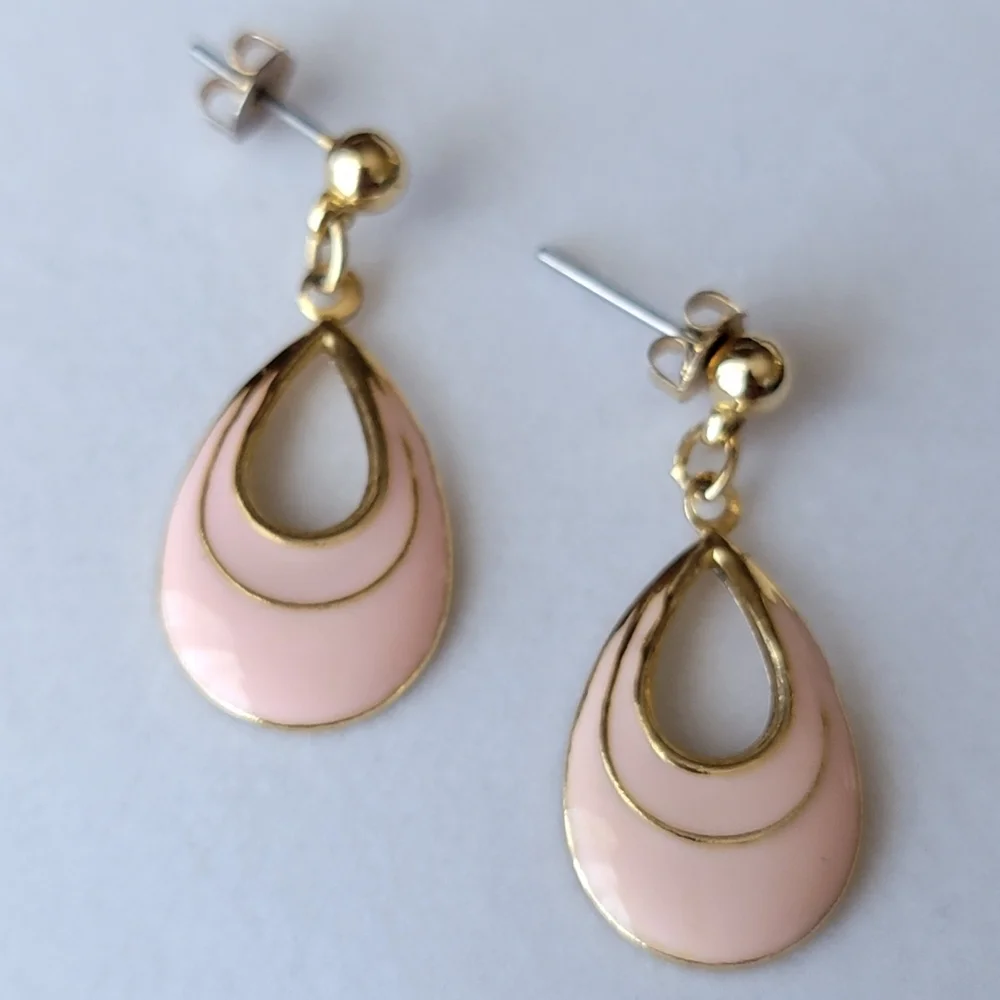 Pretty Pink Vintage Enamel Post Earrings for Pierced Ears Tear Drop Earrings